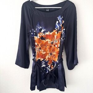 Ellen Tracy Size-2 100% Silk Beaded Floral Tunic Blouse Navy Blue Orange